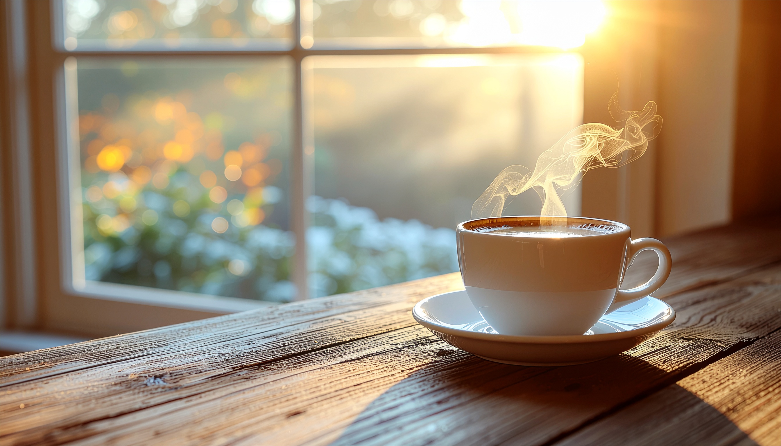 Steaming Hot Coffee Cup on Wooden Table